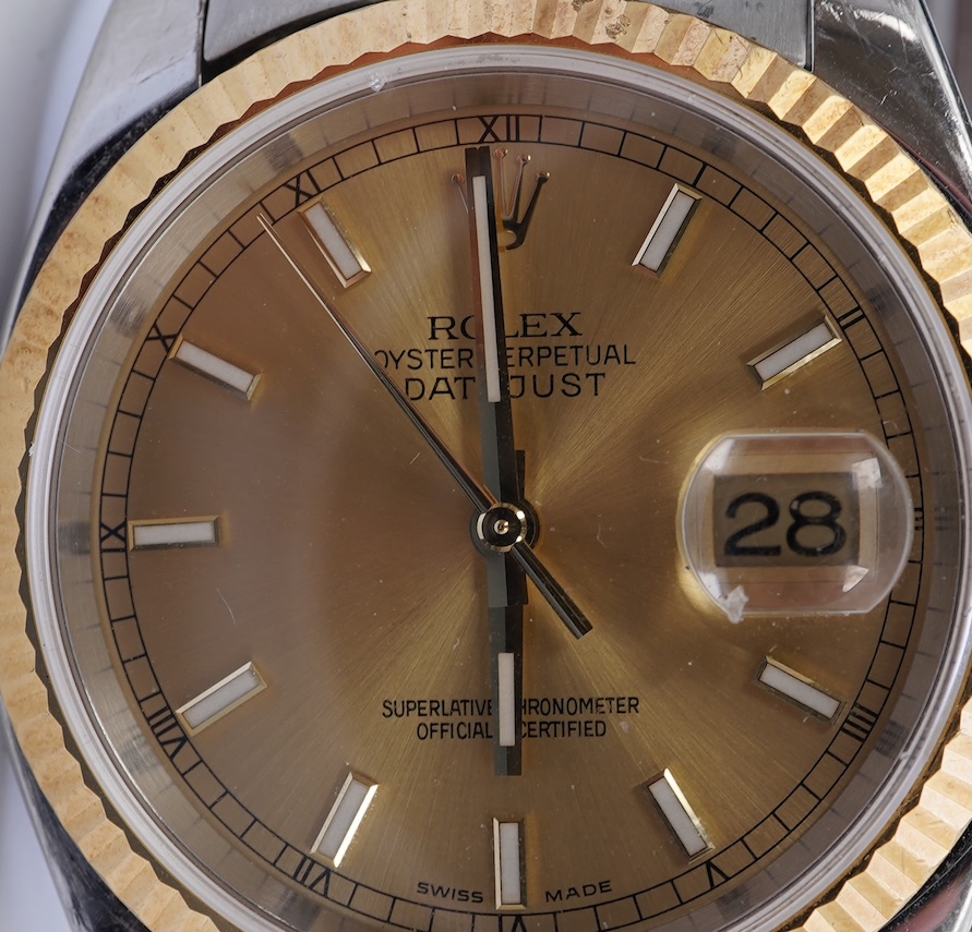 A gentleman's 1990's stainless steel and gold Rolex Oyster Perpetual Datejust wrist watch, on a stainless steel and gold Rolex bracelet